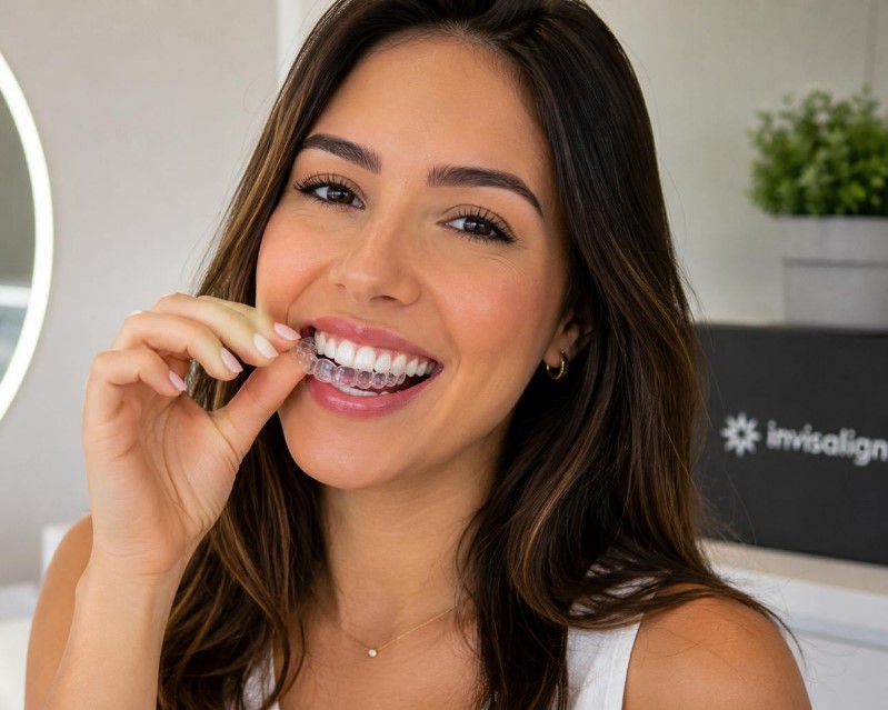 Pessoa sorrindo naturalmente usando alinhador transparente